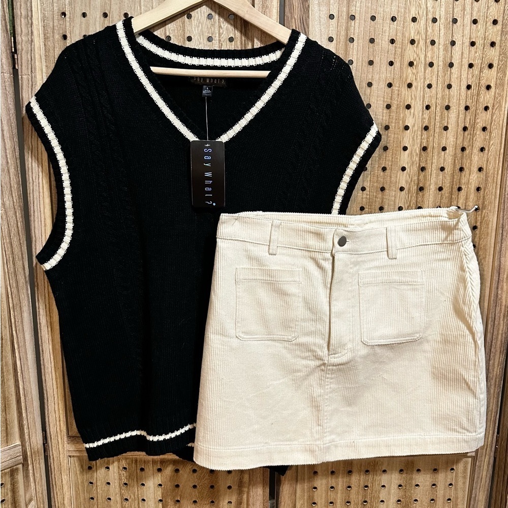 Say What? Black & Cream Sweater Vest and Corduroy Mini Skirt Set - Picture 2 of 10